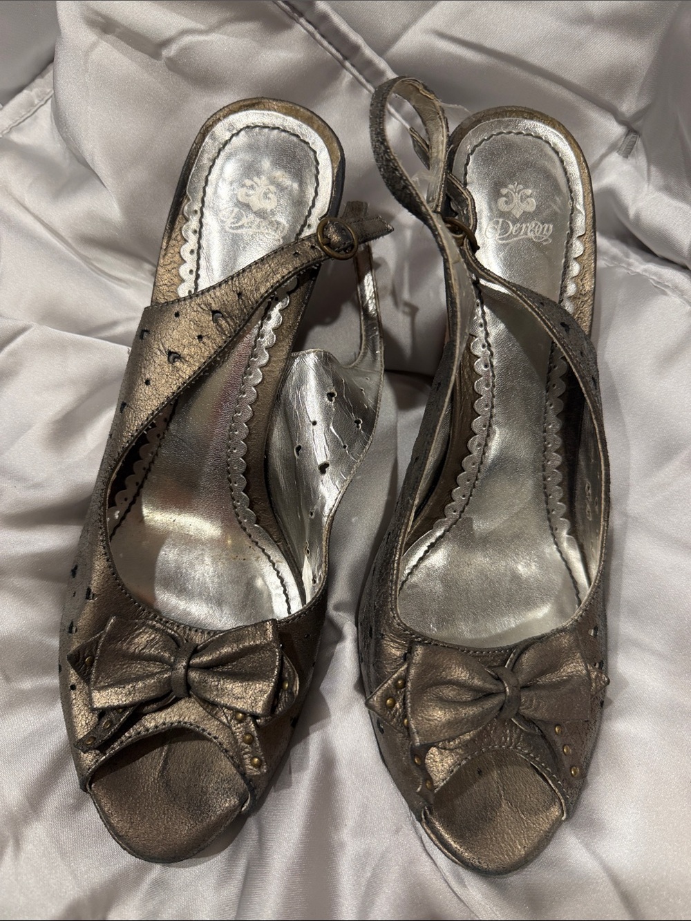 Dereon Metallic Bronze Slingback Peep-Toe Heels with Bow Detail